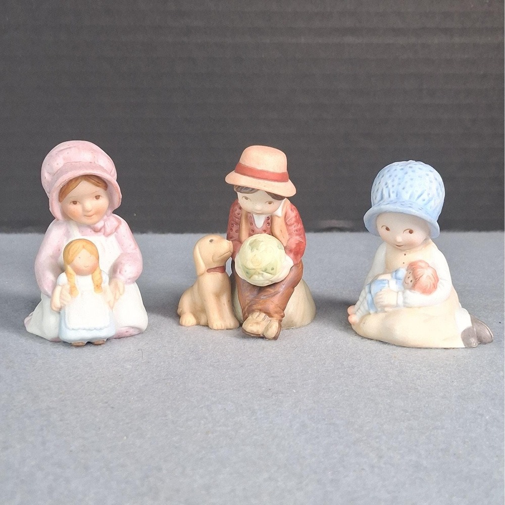 3 Vintage Holly Hobbie Miniature Porcelain Figurines Little Mother Boy w/ Dog